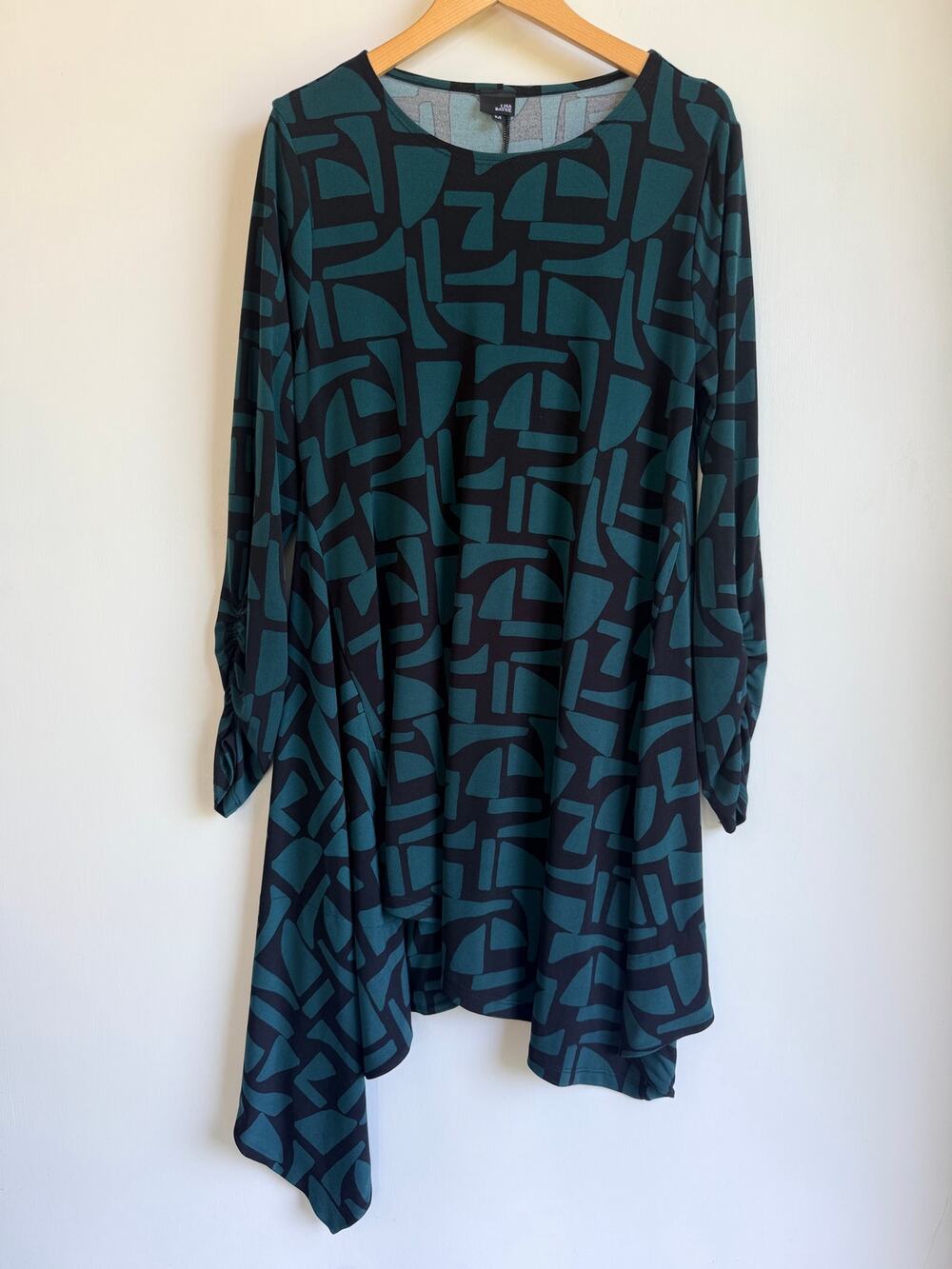 Lisa Bayne Teal Black Geometric Asymmetric Artsy Boho Tunic Dress Medium